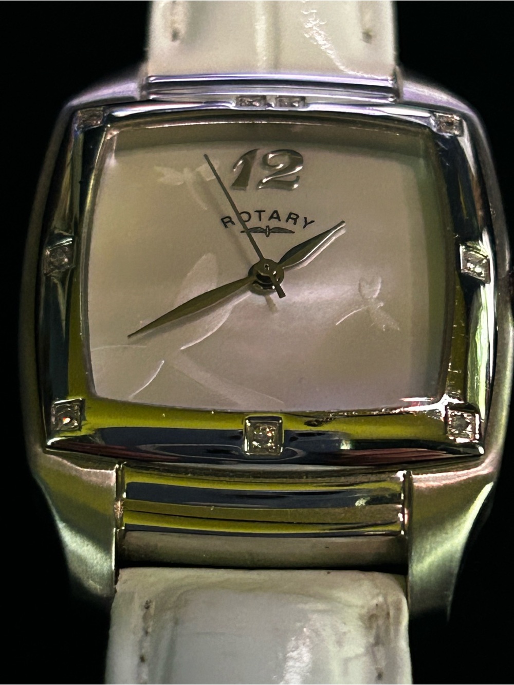 Rotary Rocks Diamond-Set Quartz Watch with White Leather Strap